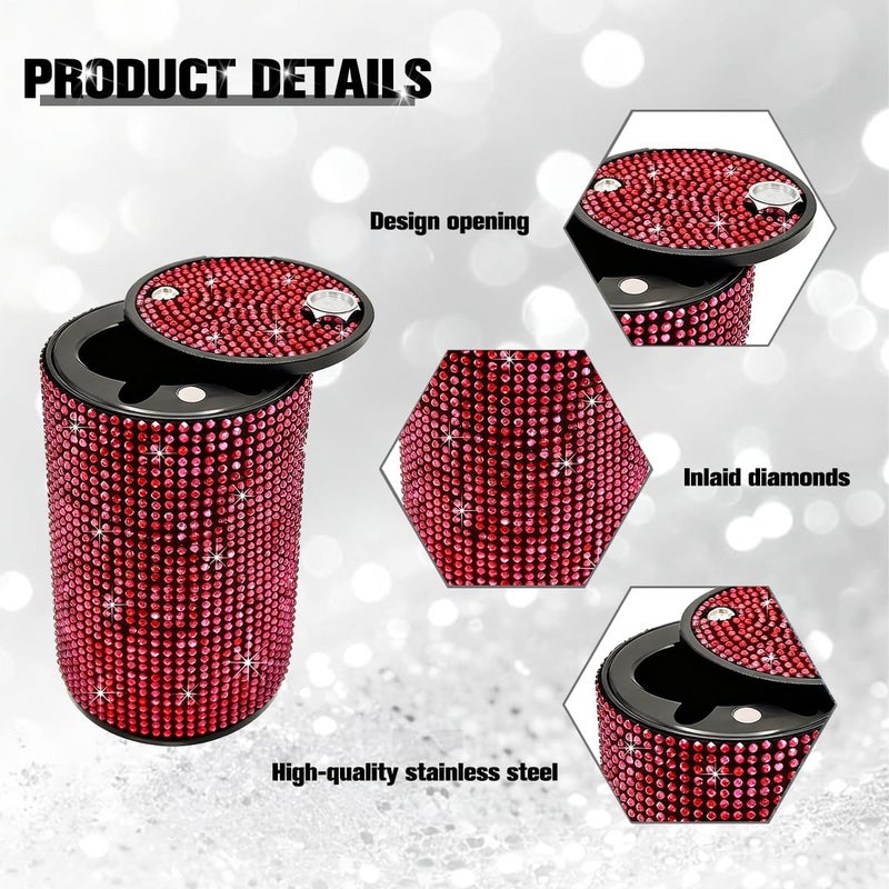 FALVFUN Bling Car Ashtray, Rhinestones Smokeless Smell Proof Vehicle Cup Holder Ash Tray with Lid, Sparkling Diamond Portable Automotive Interior Ashtray, Universal for SUV RV Truck (Red) - Image 2
